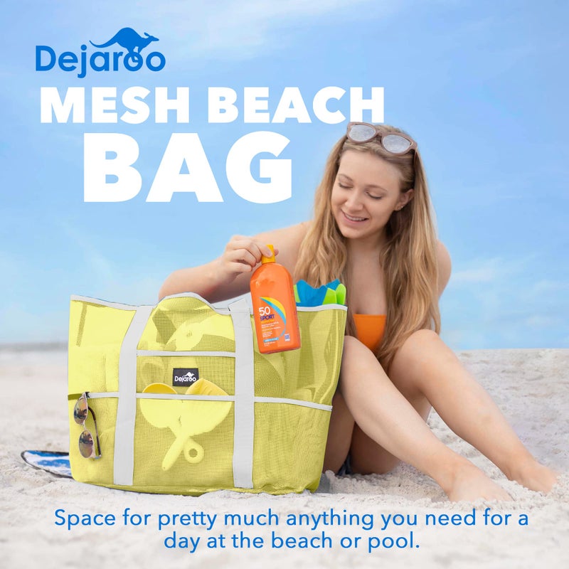 Dejaroo - Sand Free Mesh Bag - Strong Lightweight Tote For Beach & Vacation Essentials. Tons of Storage with 8 Pockets, Foldable, 17x9x15 inches, Yellow with White Straps - Image 2